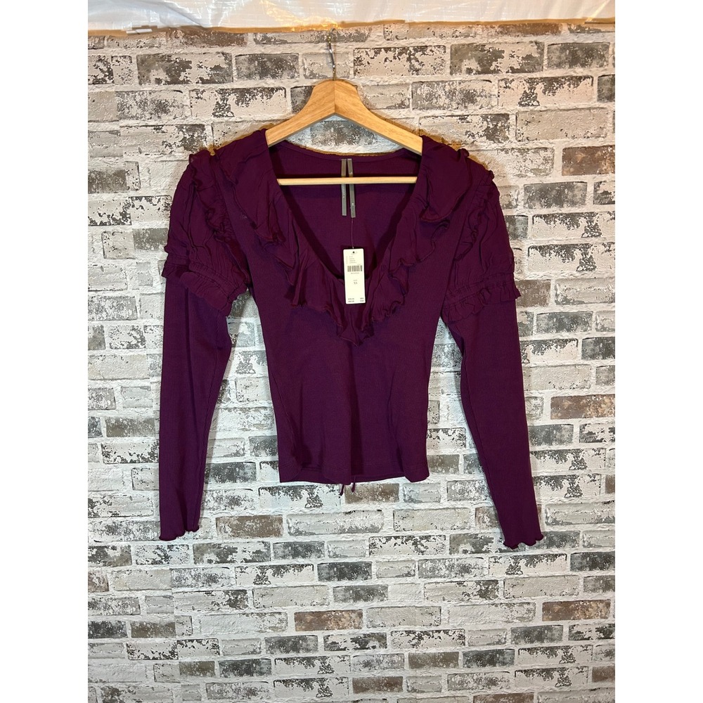 Anthropologie Ruffle V-Neck Top Women XS Purple NEW Ribbed Long Sleeve